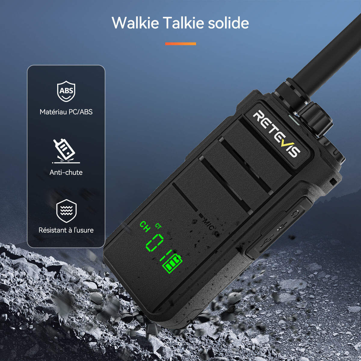 Radio portable UHF 3W Retevis RB626H avec écran caché