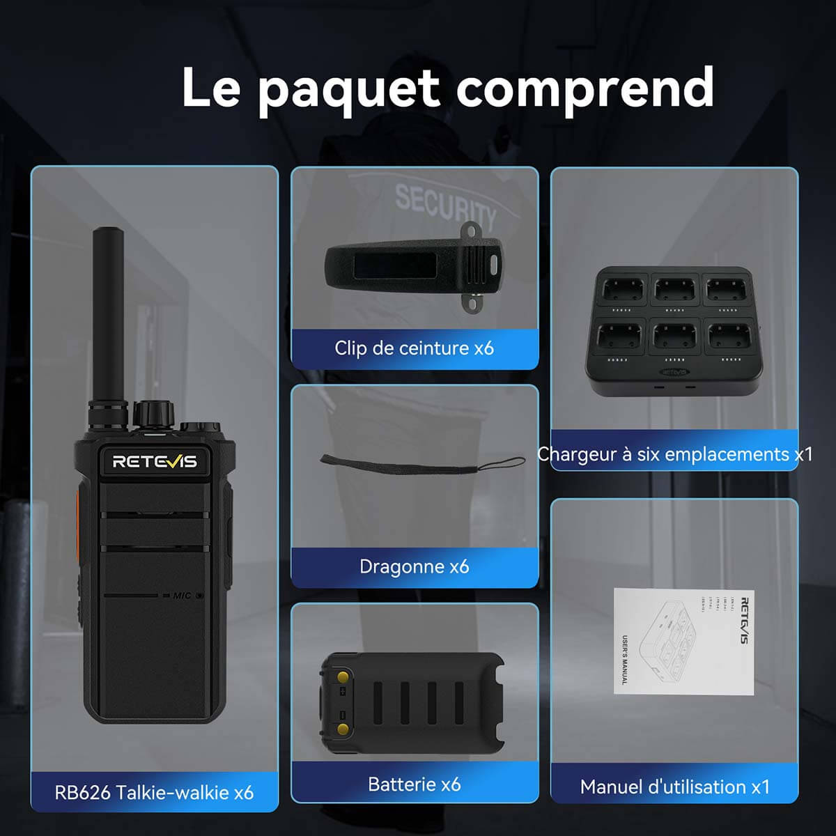 Retevis RB626 Radio UHF 3W 16 Canaux (Pack de 6) + Chargeur Multi-Unités