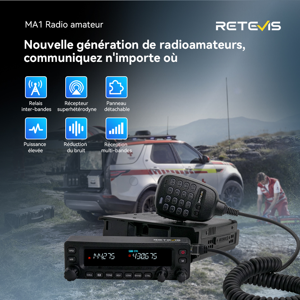 Retevis MA1 HAM Mobile Radio UHF VHF 50W haute puissance avec panneau avant amovible