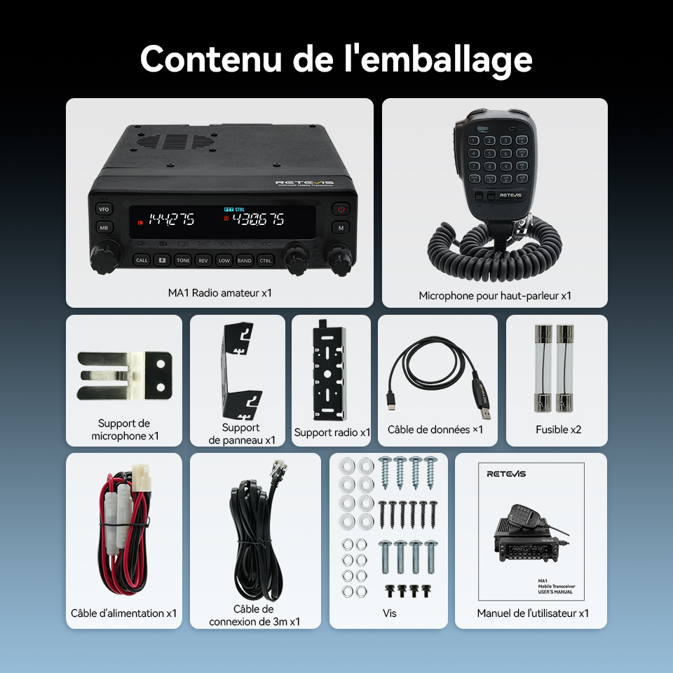 Retevis MA1 HAM Mobile Radio UHF VHF 50W haute puissance avec panneau avant amovible
